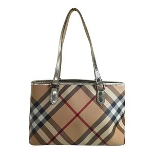 Burberry Supernova Check Tote Regent Coated Canvas Patent Leather Gold Beige